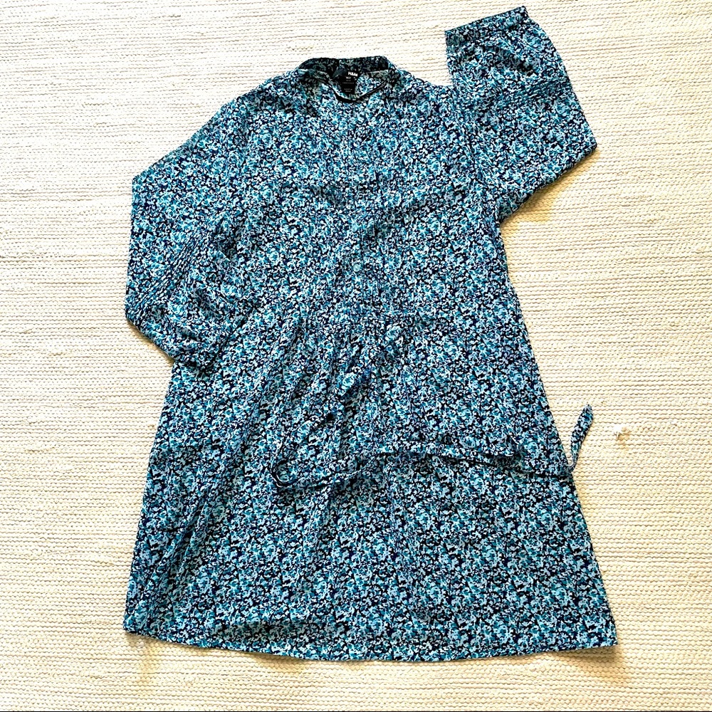 H&M Blue Floral 3/4 Sleeve Tie Back Tunic Dress